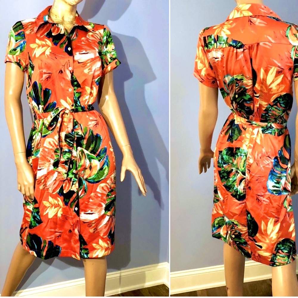Tropical Print ButtonDown Summer Vacationcore Orange Belted Summer Shirt Dress~M